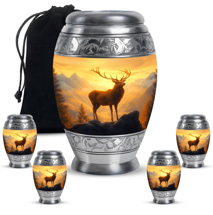 Royal Gold Deer Cremation Urn detail view - majestic deer pattern with filigree border - memorial set with one large and four small urns