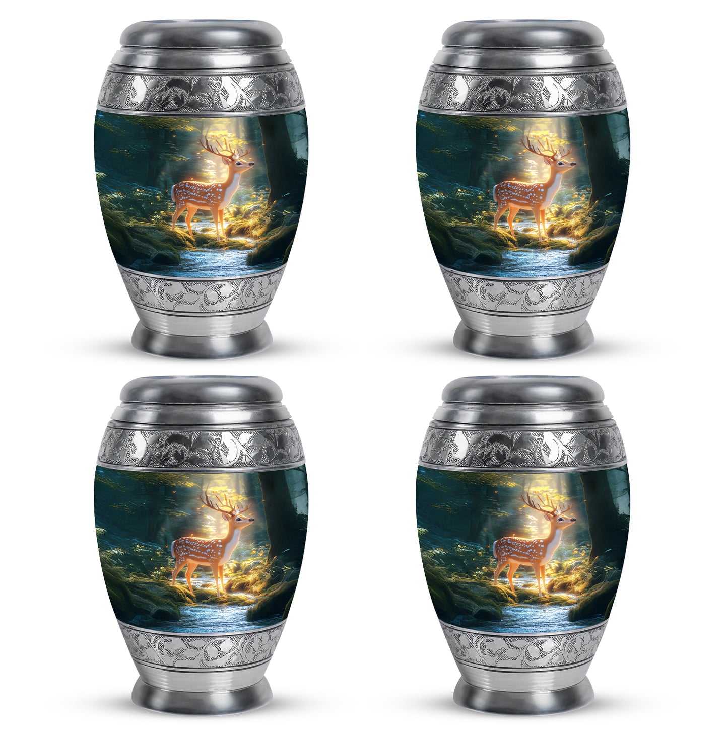Sea Green Teal Deer Cremation Urn urn with complimentary velvet bag - ornate monarch-style deer relief on brushed aluminum - 10 inch aluminum urn for cremated remains