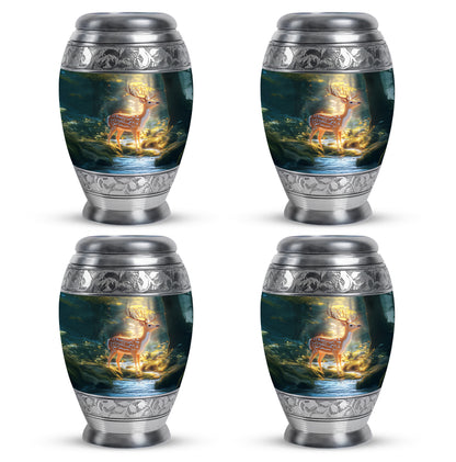 Sea Green Teal Deer Cremation Urn urn with complimentary velvet bag - ornate monarch-style deer relief on brushed aluminum - 10 inch aluminum urn for cremated remains