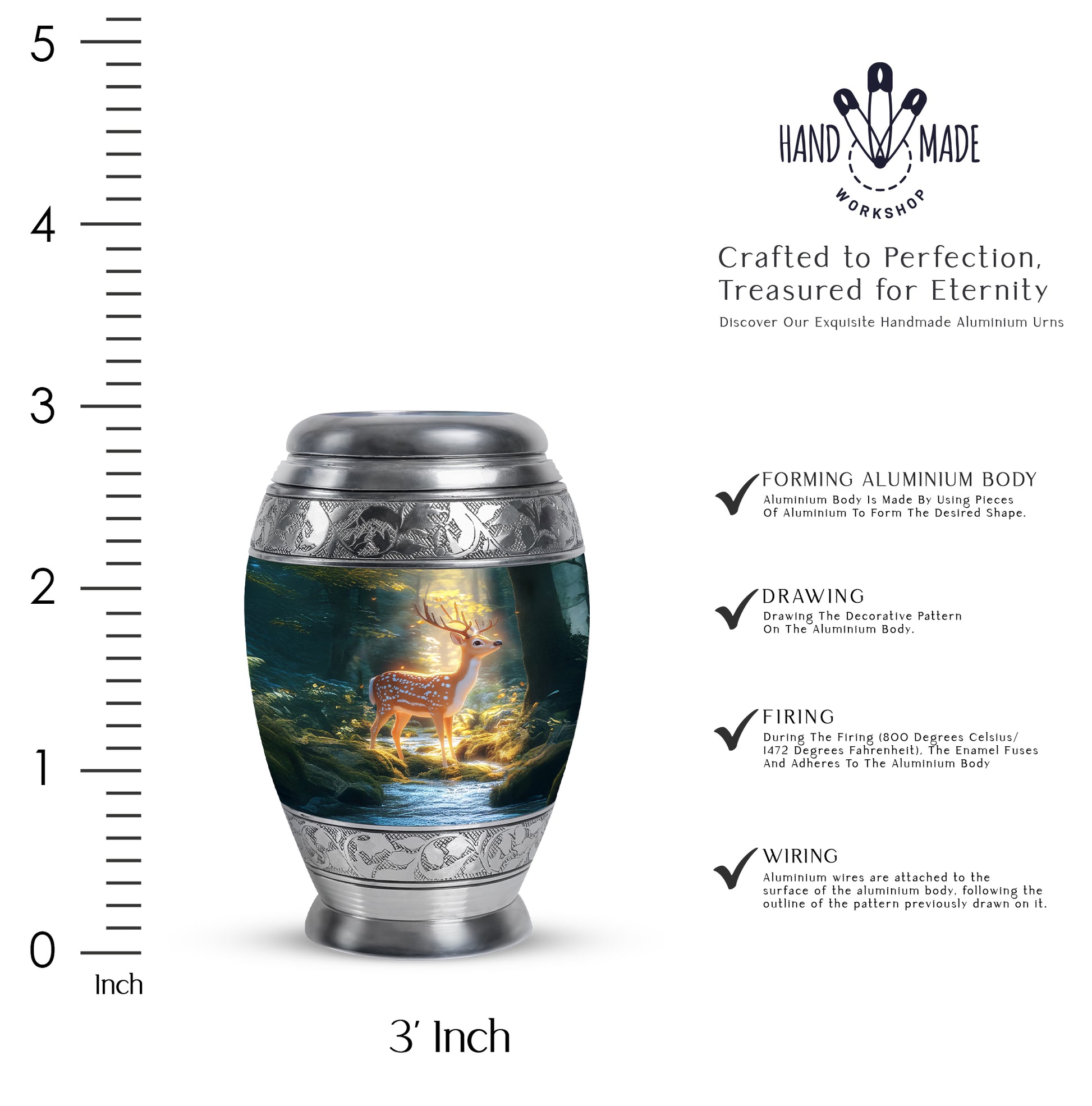 Sea Green Teal Deer Cremation Urn lifestyle display on memorial shelf - regal deer design with crown-inspired accents - mini keepsake memorial for portion of cremation ashes
