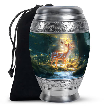 Aqua Teal Deer Cremation Urn back view with polished surface - majestic deer pattern with filigree border - full-size 10 inch 200 cubic inch adult cremation urn