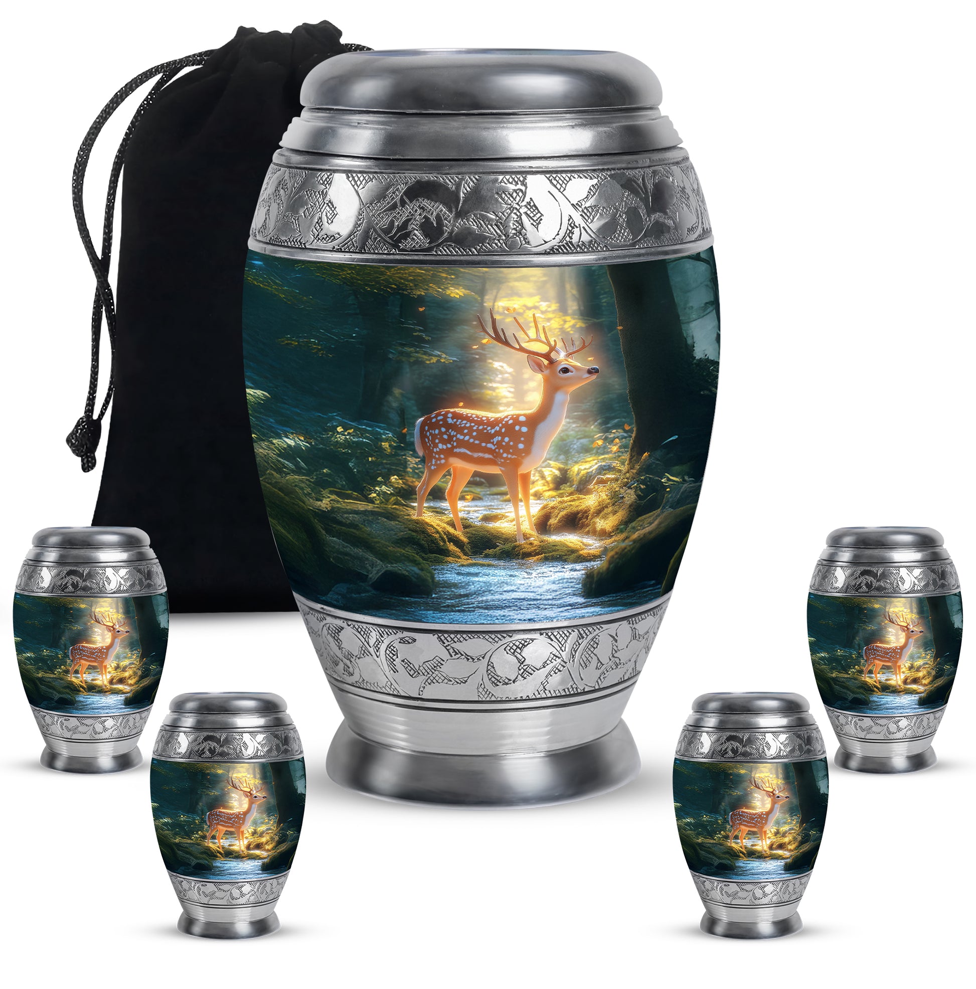 Deep Teal Deer Cremation Urn detail view - royal deer engraving with decorative scrollwork - memorial set with one large and four small urns