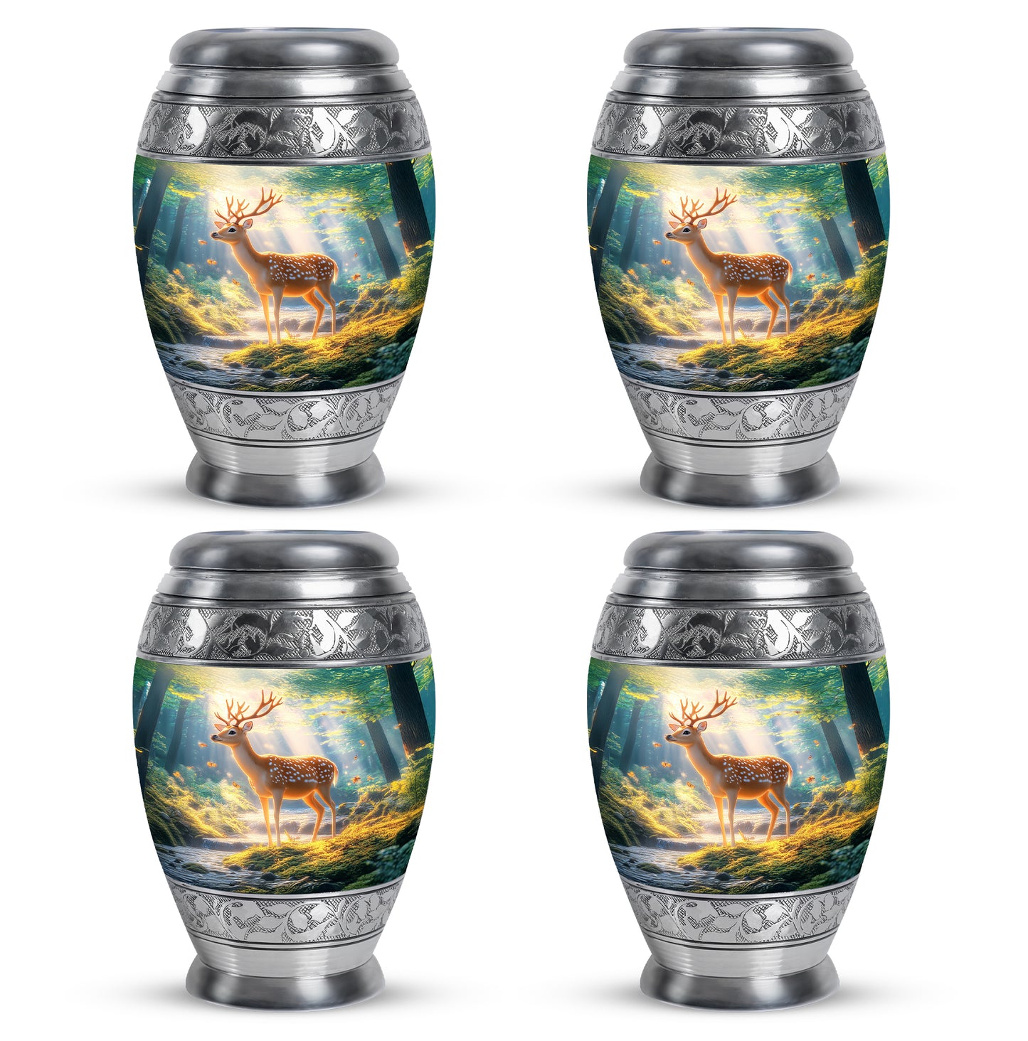 Azure Deer Cremation Urn urn with complimentary velvet bag - ornate monarch-style deer relief on brushed aluminum - 10 inch aluminum urn for cremated remains