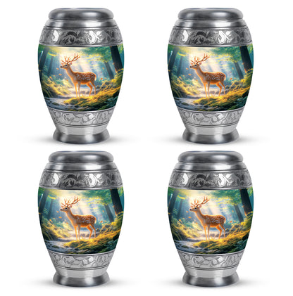 Azure Deer Cremation Urn urn with complimentary velvet bag - ornate monarch-style deer relief on brushed aluminum - 10 inch aluminum urn for cremated remains