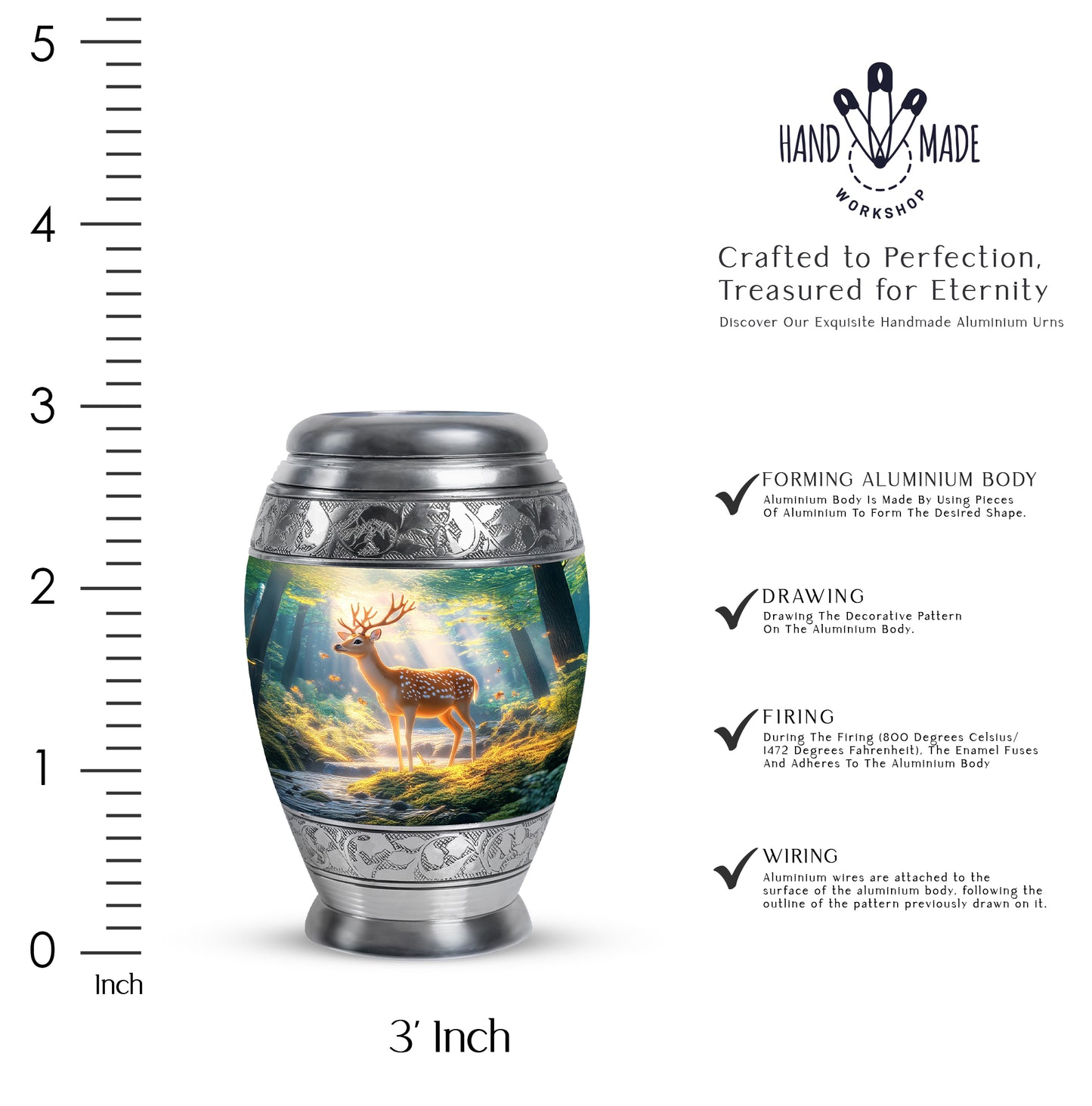 Vivid Blue Deer Cremation Urn lifestyle display on memorial shelf - royal deer engraving with decorative scrollwork - mini keepsake memorial for portion of cremation ashes