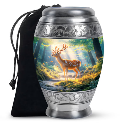 Soft Blue Deer Cremation Urn back view with polished surface - majestic deer pattern with filigree border - full-size 10 inch 200 cubic inch adult cremation urn