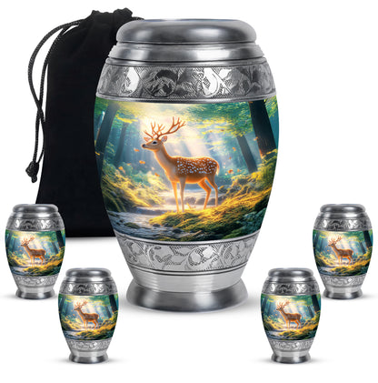 Vivid Blue Deer Cremation Urn detail view - majestic deer pattern with filigree border - memorial set with one large and four small urns