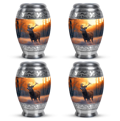 Warm Gold Deer Cremation Urn urn with complimentary velvet bag - royal deer engraving with decorative scrollwork - 10 inch aluminum urn for cremated remains