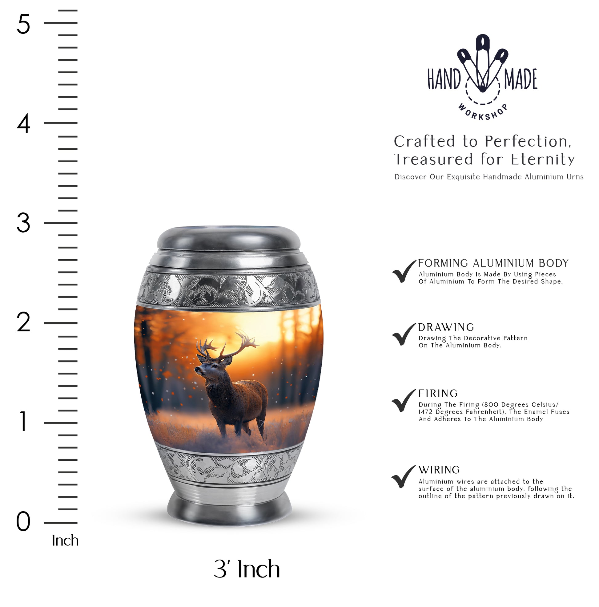 Amber Gold Deer Cremation Urn lifestyle display on memorial shelf - ornate monarch-style deer relief on brushed aluminum - mini keepsake memorial for portion of cremation ashes