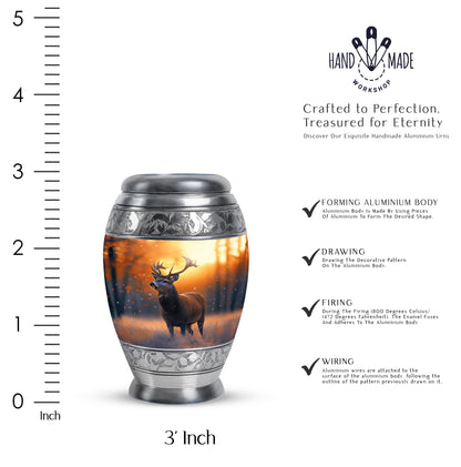 Amber Gold Deer Cremation Urn lifestyle display on memorial shelf - ornate monarch-style deer relief on brushed aluminum - mini keepsake memorial for portion of cremation ashes