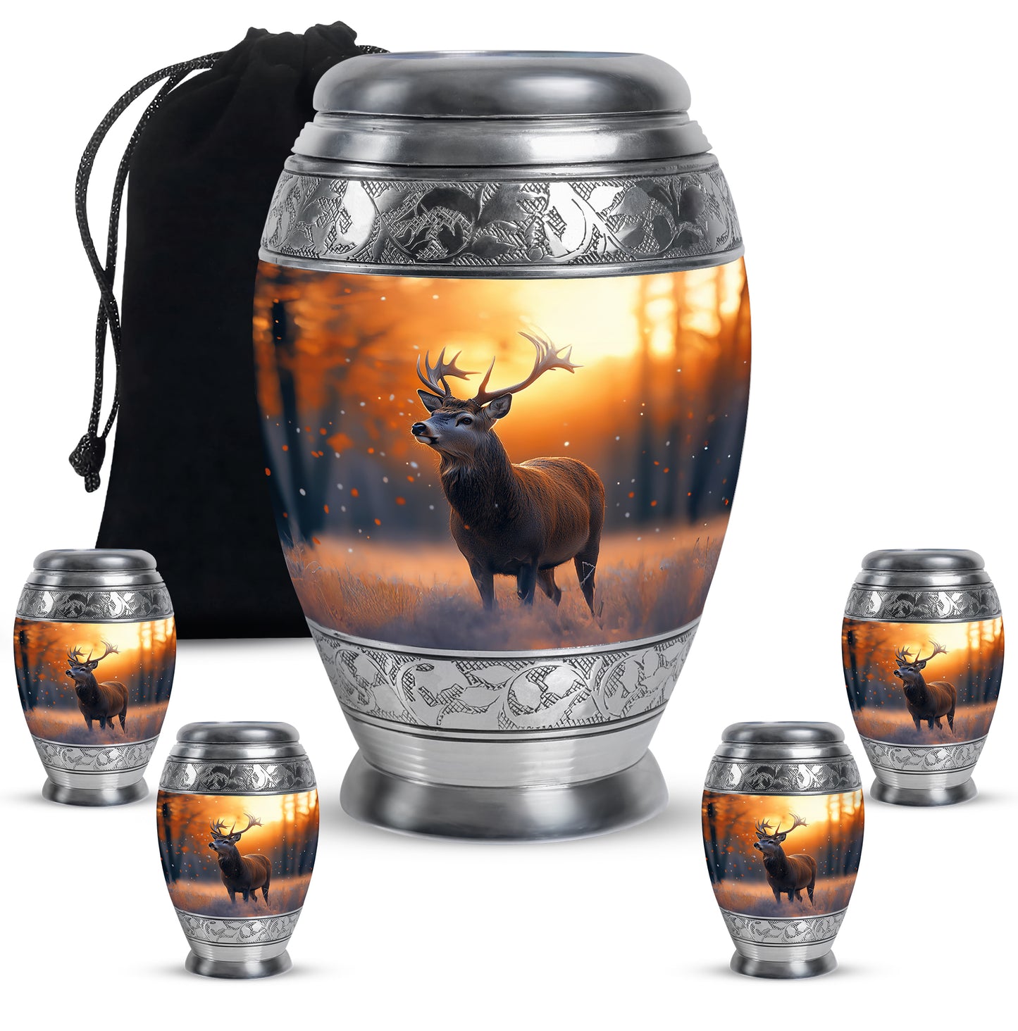 Harvest Gold Deer Cremation Urn detail view - majestic deer pattern with filigree border - memorial set with one large and four small urns