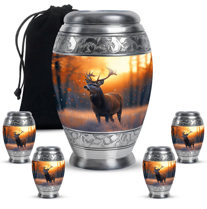 Harvest Gold Deer Cremation Urn detail view - majestic deer pattern with filigree border - memorial set with one large and four small urns