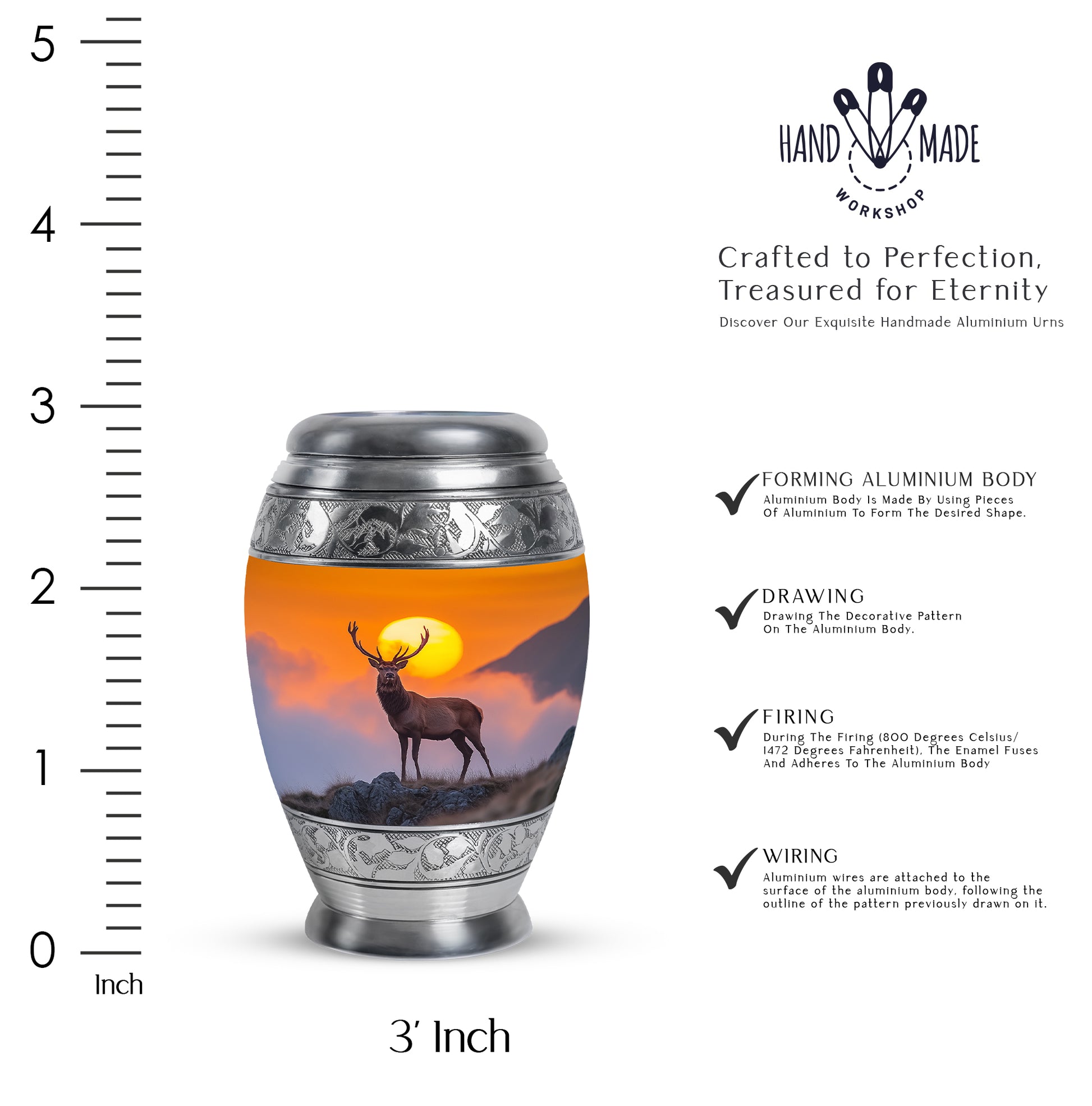 Harvest Gold Deer Cremation Urn lifestyle display on memorial shelf - royal deer engraving with decorative scrollwork - mini keepsake memorial for portion of cremation ashes