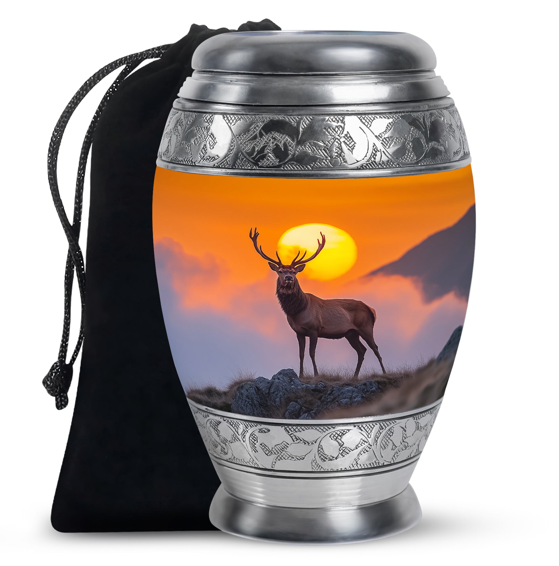 Champagne Gold Deer Cremation Urn back view with polished surface - ornate monarch-style deer relief on brushed aluminum - full-size 10 inch 200 cubic inch adult cremation urn