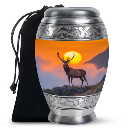 Champagne Gold Deer Cremation Urn back view with polished surface - ornate monarch-style deer relief on brushed aluminum - full-size 10 inch 200 cubic inch adult cremation urn