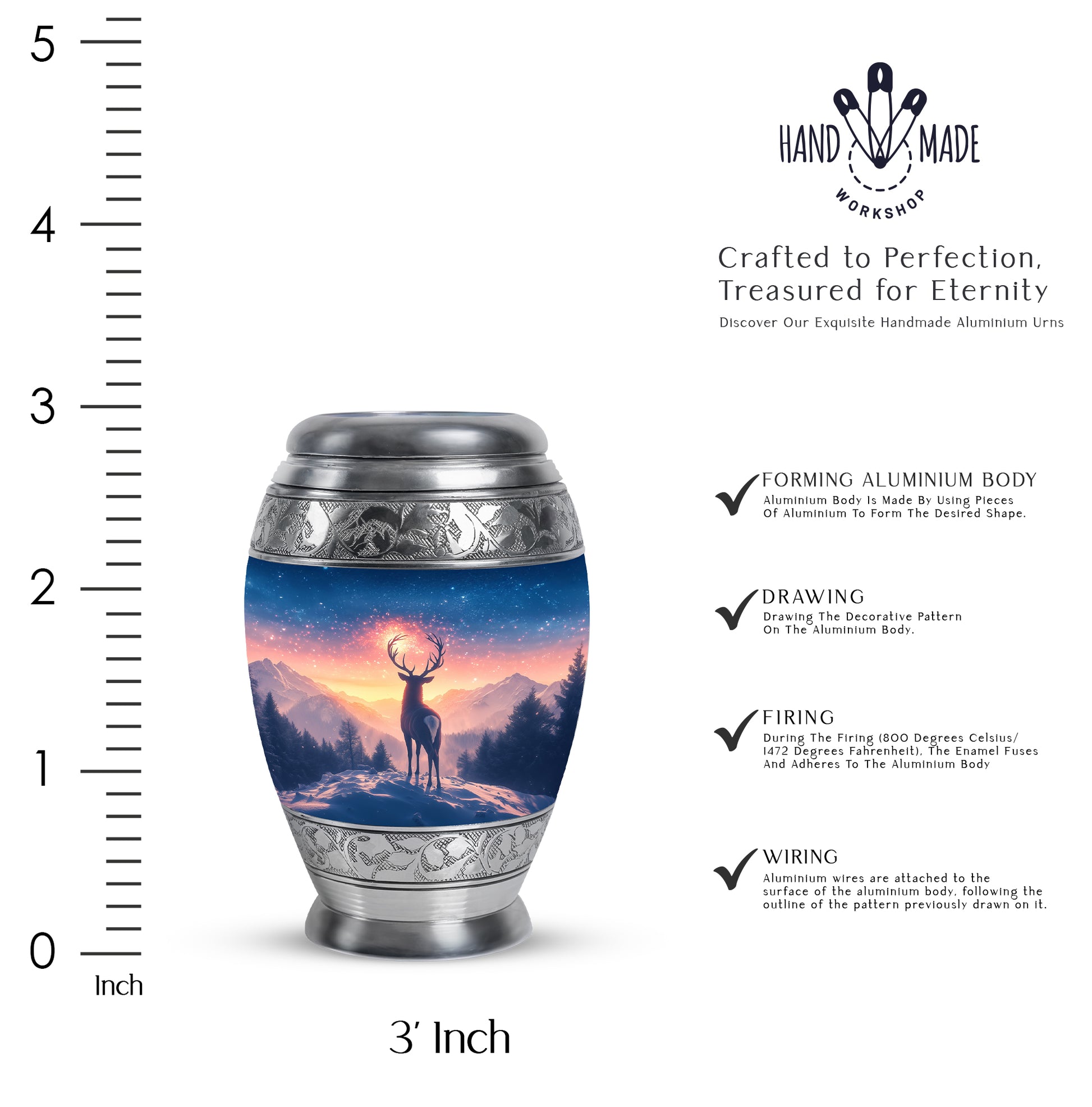 Serene Blue Deer Cremation Urn lifestyle display on memorial shelf - majestic deer pattern with filigree border - mini keepsake memorial for portion of cremation ashes
