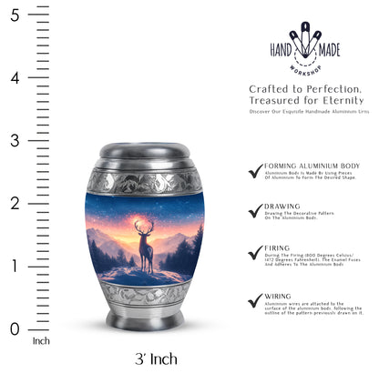 Serene Blue Deer Cremation Urn lifestyle display on memorial shelf - majestic deer pattern with filigree border - mini keepsake memorial for portion of cremation ashes
