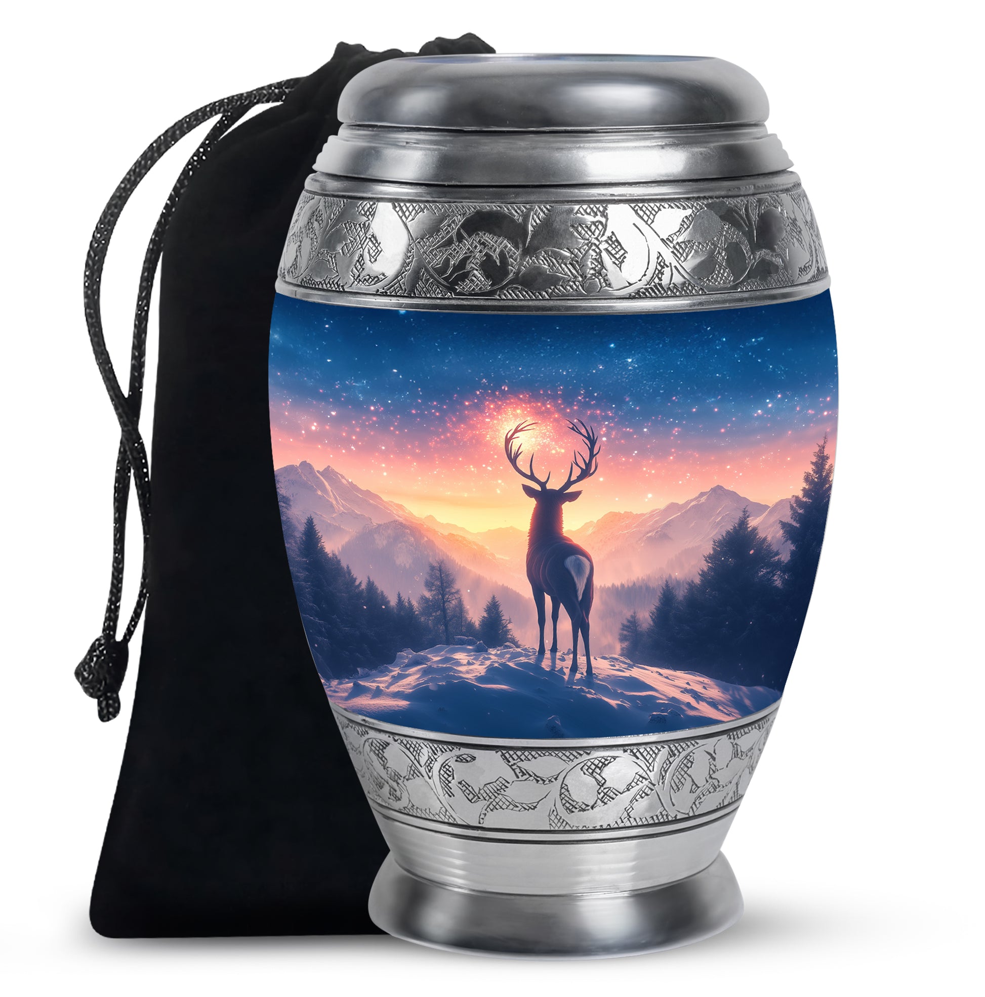 Serene Blue Deer Cremation Urn back view with polished surface - majestic deer pattern with filigree border - full-size 10 inch 200 cubic inch adult cremation urn
