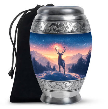 Serene Blue Deer Cremation Urn back view with polished surface - majestic deer pattern with filigree border - full-size 10 inch 200 cubic inch adult cremation urn