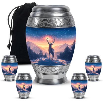 Misty Blue Deer Cremation Urn detail view - ornate monarch-style deer relief on brushed aluminum - memorial set with one large and four small urns