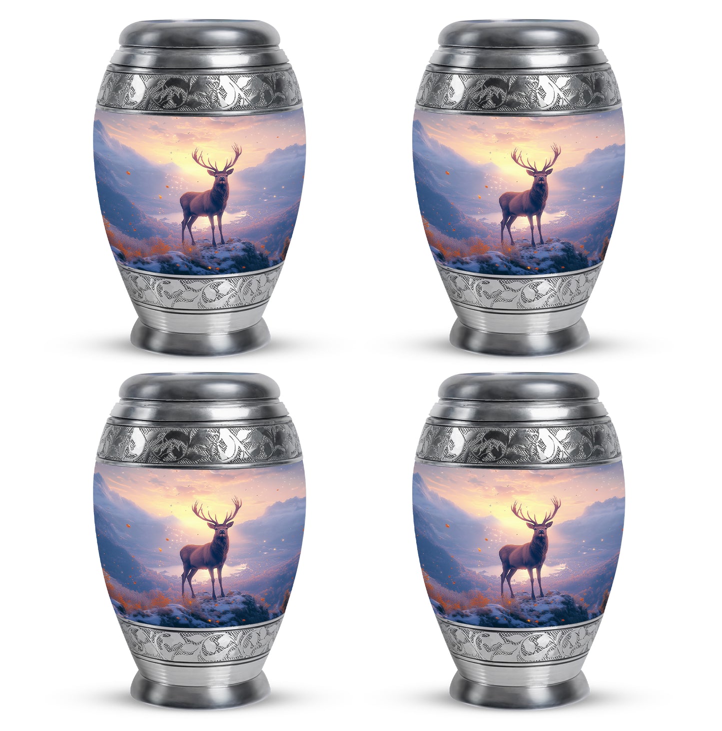 Cherry Red Deer Cremation Urn urn with complimentary velvet bag - royal deer engraving with decorative scrollwork - 10 inch aluminum urn for cremated remains