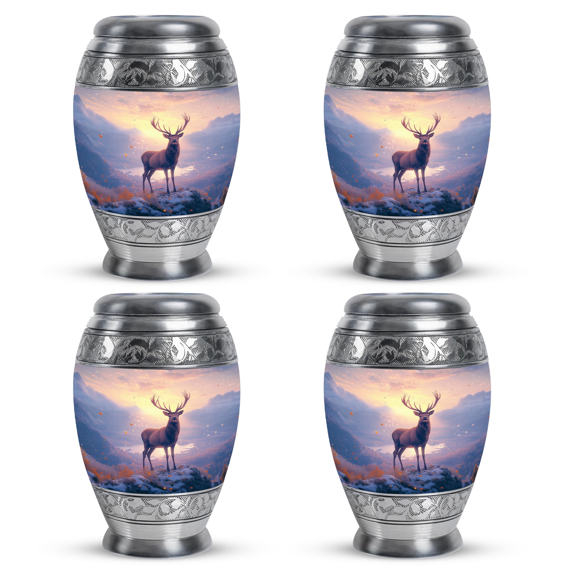 Cherry Red Deer Cremation Urn urn with complimentary velvet bag - royal deer engraving with decorative scrollwork - 10 inch aluminum urn for cremated remains