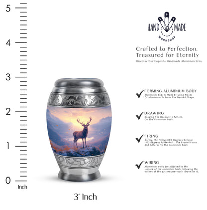 Burgundy Red Deer Cremation Urn lifestyle display on memorial shelf - ornate monarch-style deer relief on brushed aluminum - mini keepsake memorial for portion of cremation ashes