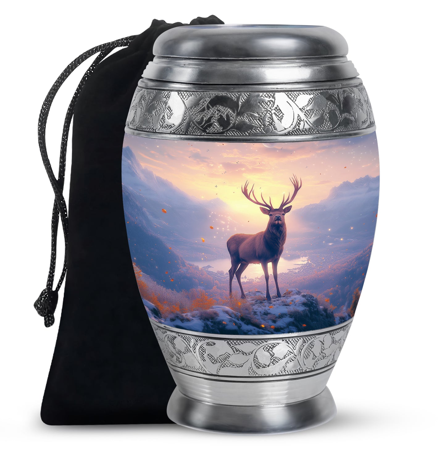 Wine Red Deer Cremation Urn back view with polished surface - ornate monarch-style deer relief on brushed aluminum - full-size 10 inch 200 cubic inch adult cremation urn