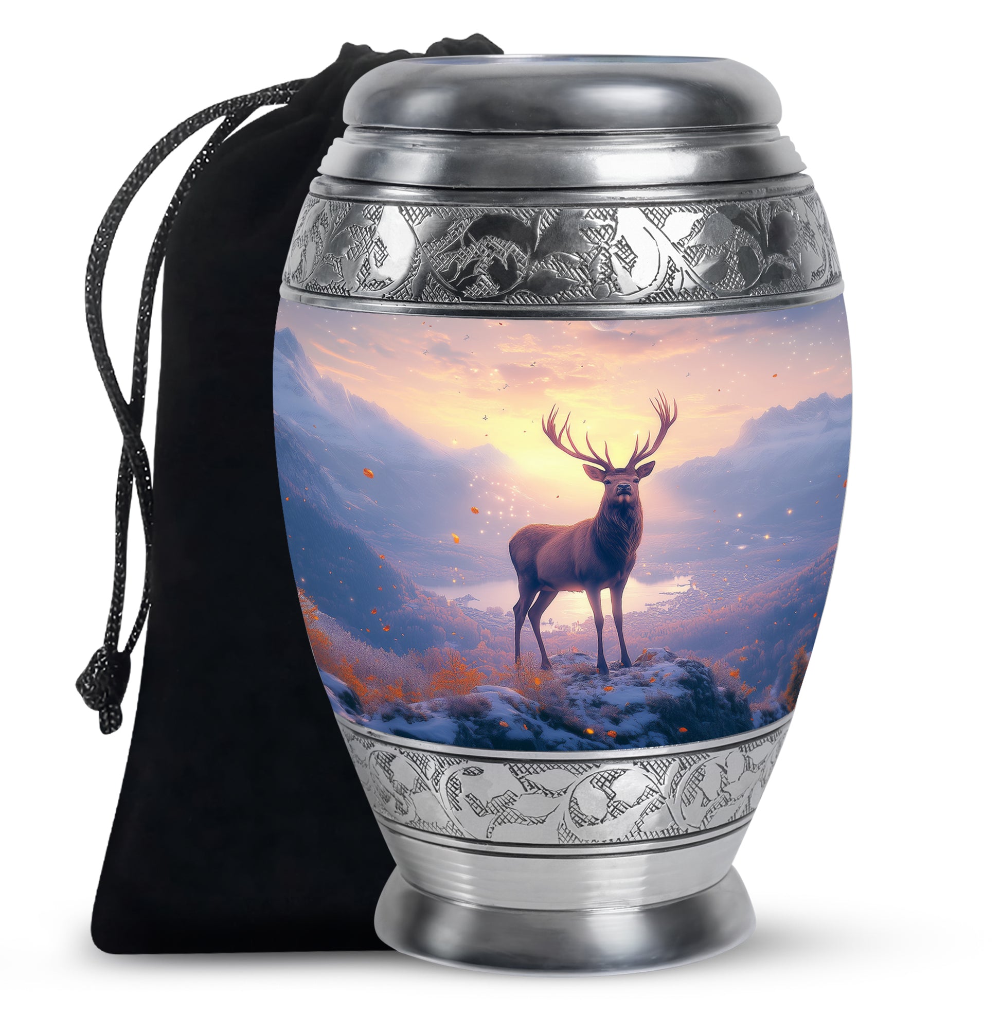 Wine Red Deer Cremation Urn back view with polished surface - ornate monarch-style deer relief on brushed aluminum - full-size 10 inch 200 cubic inch adult cremation urn