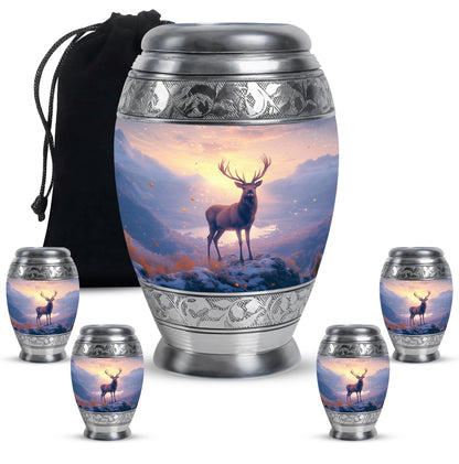 Fiery Red Deer Cremation Urn detail view - majestic deer pattern with filigree border - memorial set with one large and four small urns