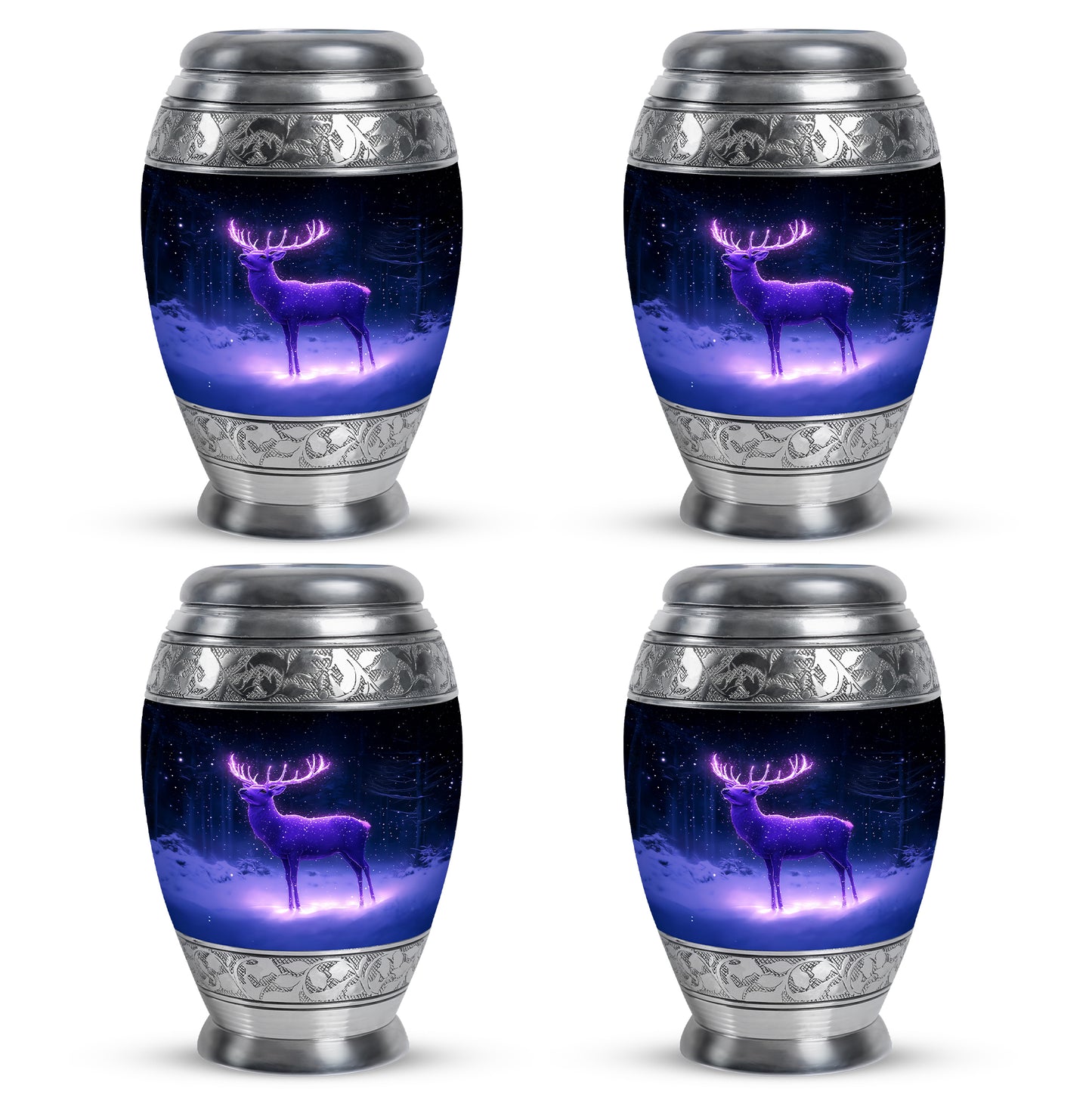 Misty Blue Deer Cremation Urn urn with complimentary velvet bag - ornate monarch-style deer relief on brushed aluminum - 10 inch aluminum urn for cremated remains