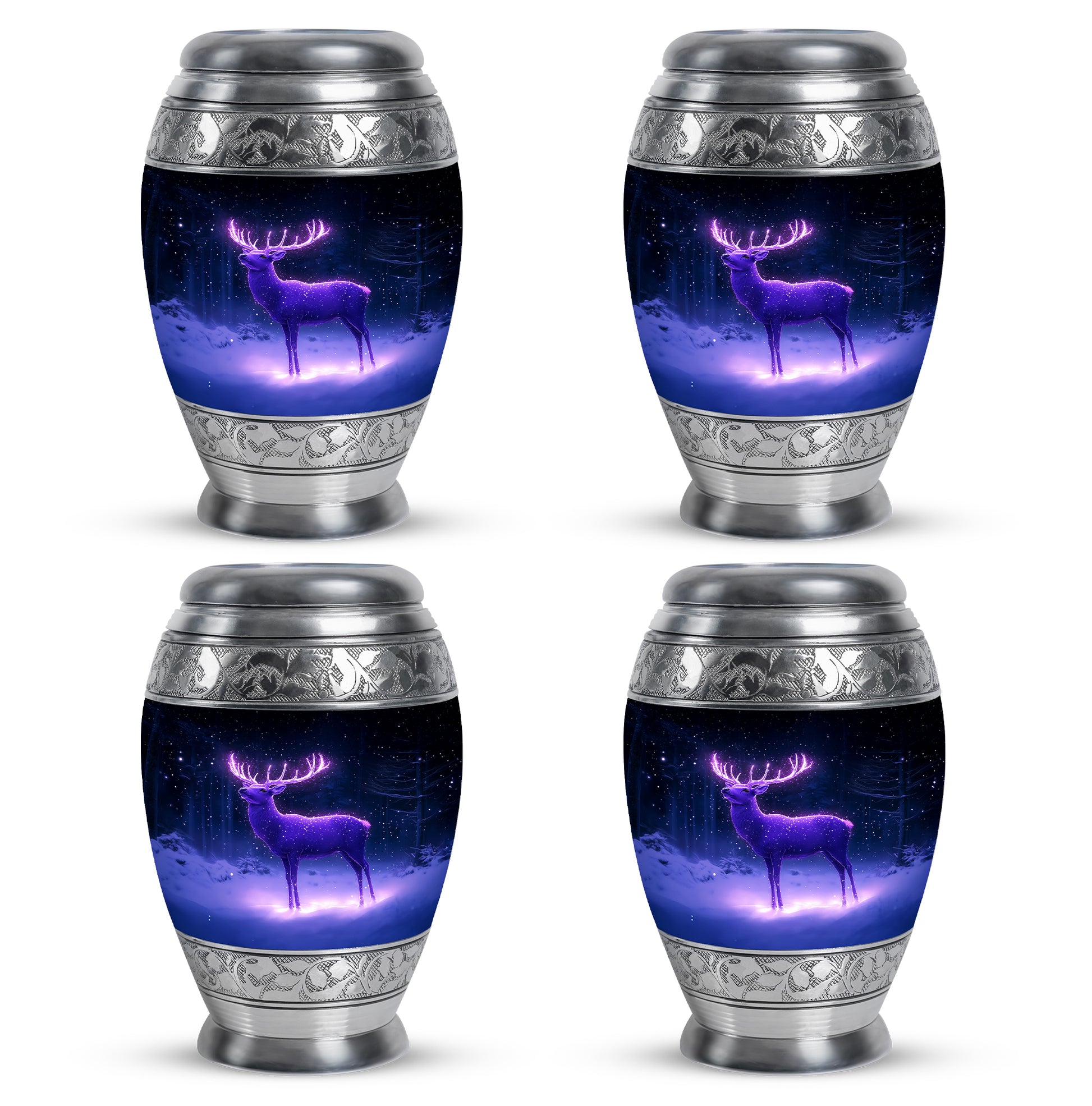 Misty Blue Deer Cremation Urn urn with complimentary velvet bag - ornate monarch-style deer relief on brushed aluminum - 10 inch aluminum urn for cremated remains