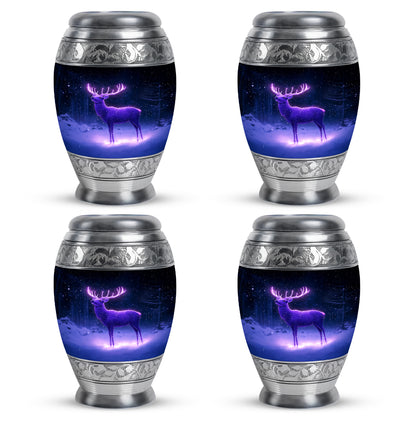 Misty Blue Deer Cremation Urn urn with complimentary velvet bag - ornate monarch-style deer relief on brushed aluminum - 10 inch aluminum urn for cremated remains