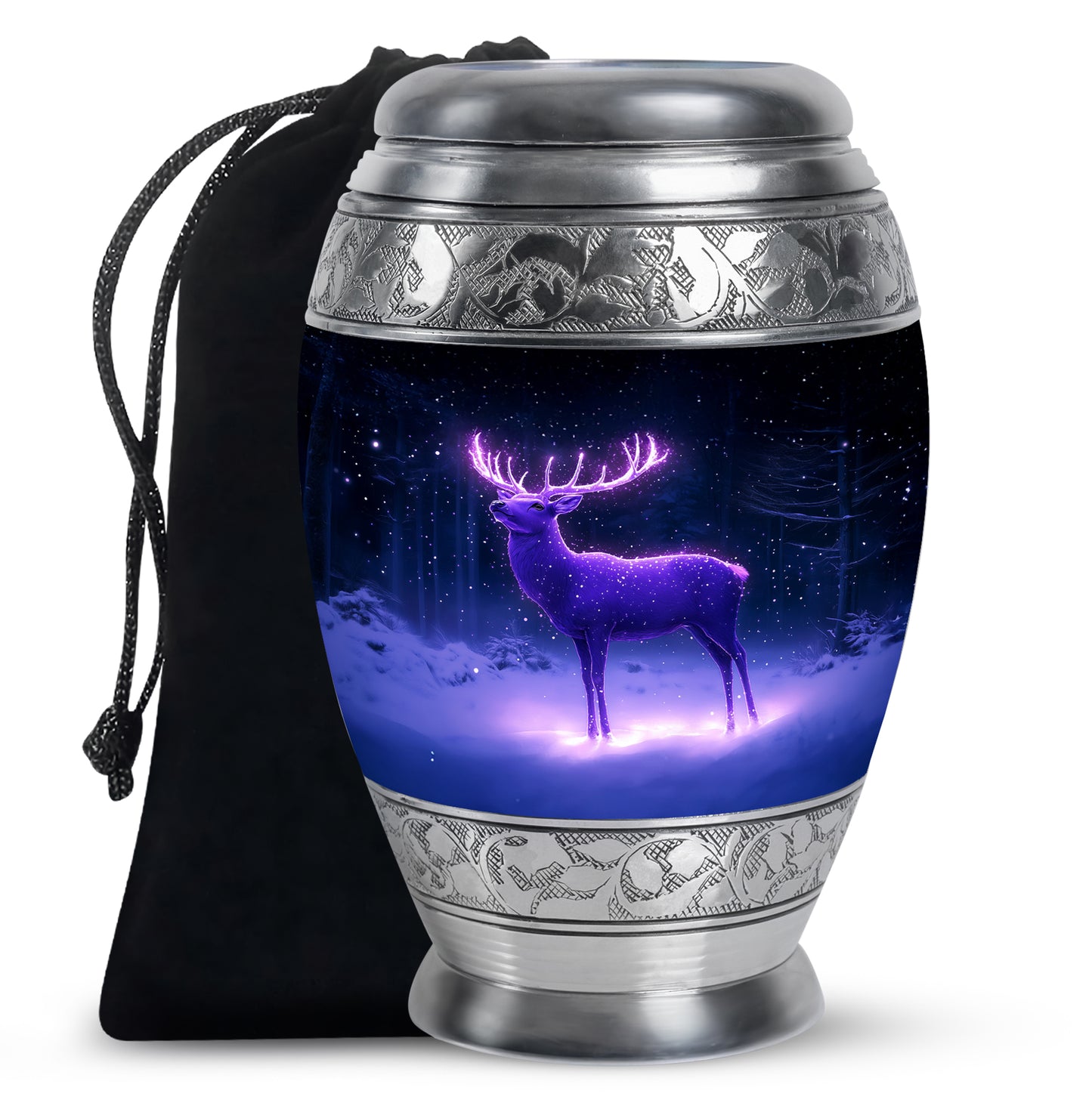 Sapphire Blue Deer Cremation Urn back view with polished surface - royal deer engraving with decorative scrollwork - full-size 10 inch 200 cubic inch adult cremation urn