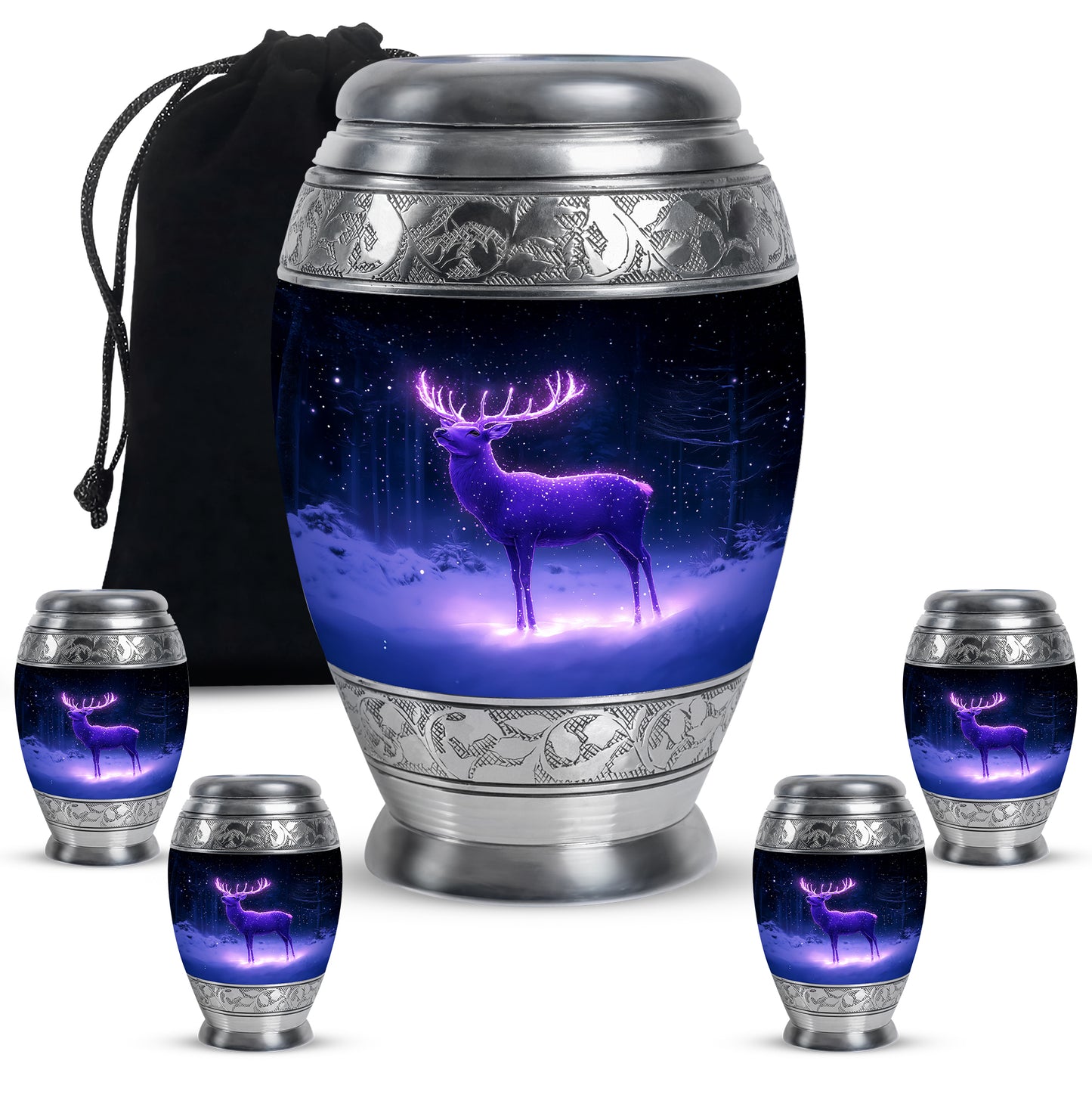 Steel Blue Deer Cremation Urn detail view - royal deer engraving with decorative scrollwork - memorial set with one large and four small urns