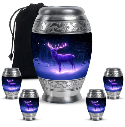 Steel Blue Deer Cremation Urn detail view - royal deer engraving with decorative scrollwork - memorial set with one large and four small urns