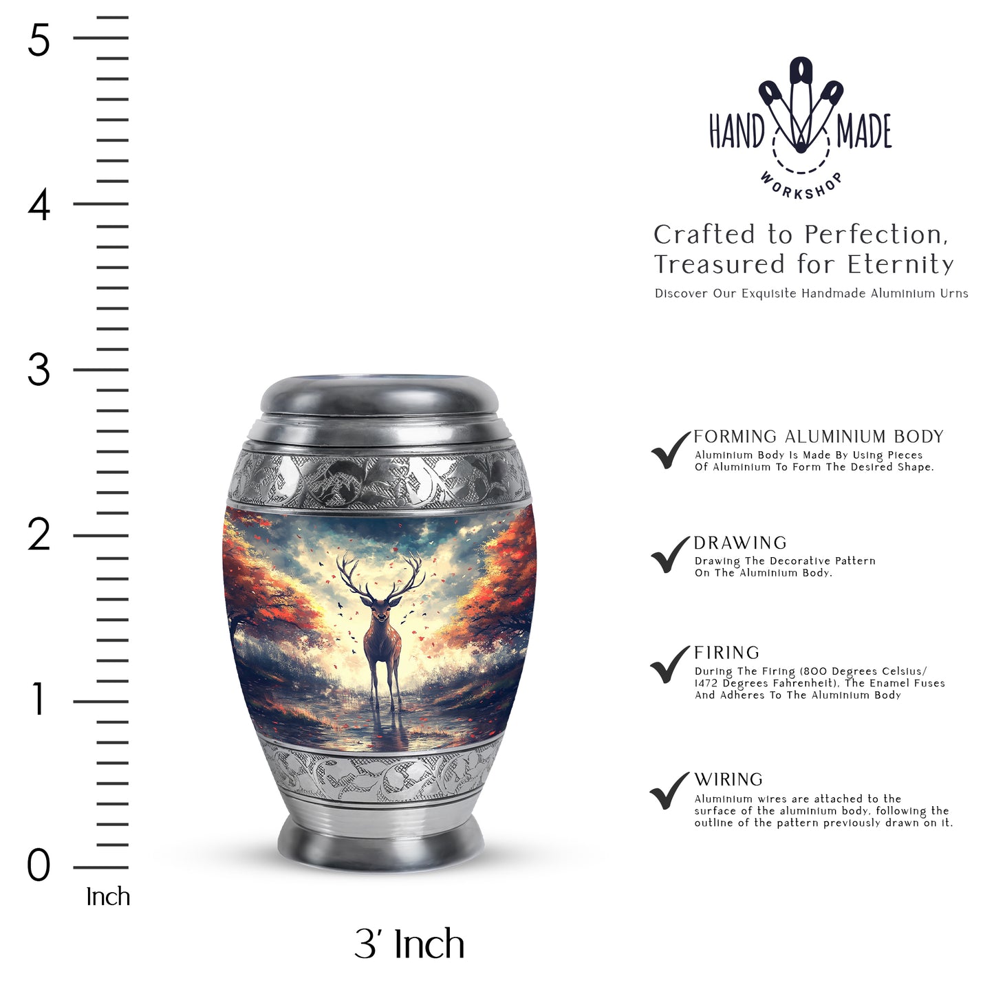 Royal Blue Deer Cremation Urn lifestyle display on memorial shelf - majestic deer pattern with filigree border - mini keepsake memorial for portion of cremation ashes