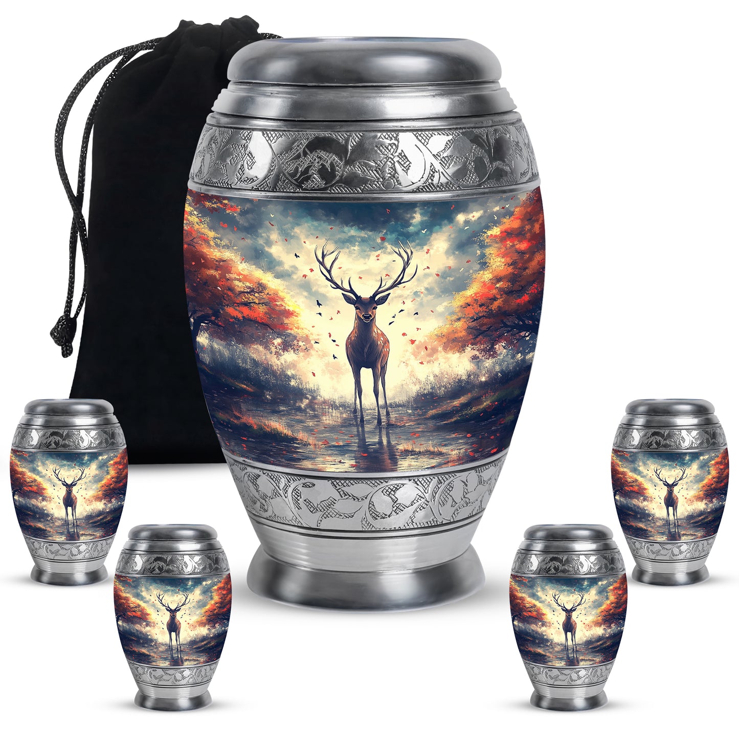 Sapphire Blue Deer Cremation Urn detail view - royal deer engraving with decorative scrollwork - memorial set with one large and four small urns