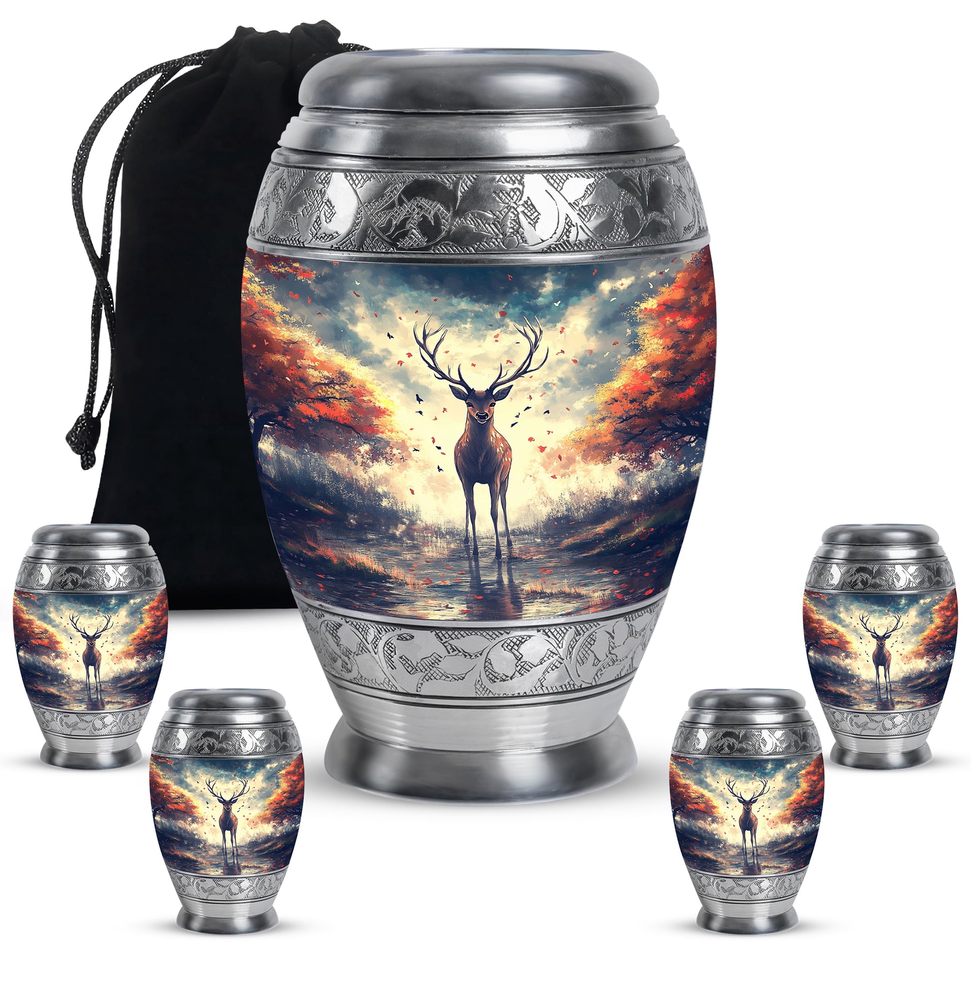 Sapphire Blue Deer Cremation Urn detail view - royal deer engraving with decorative scrollwork - memorial set with one large and four small urns