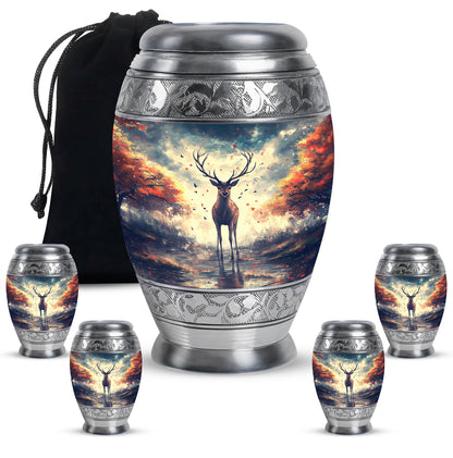 Sapphire Blue Deer Cremation Urn detail view - royal deer engraving with decorative scrollwork - memorial set with one large and four small urns