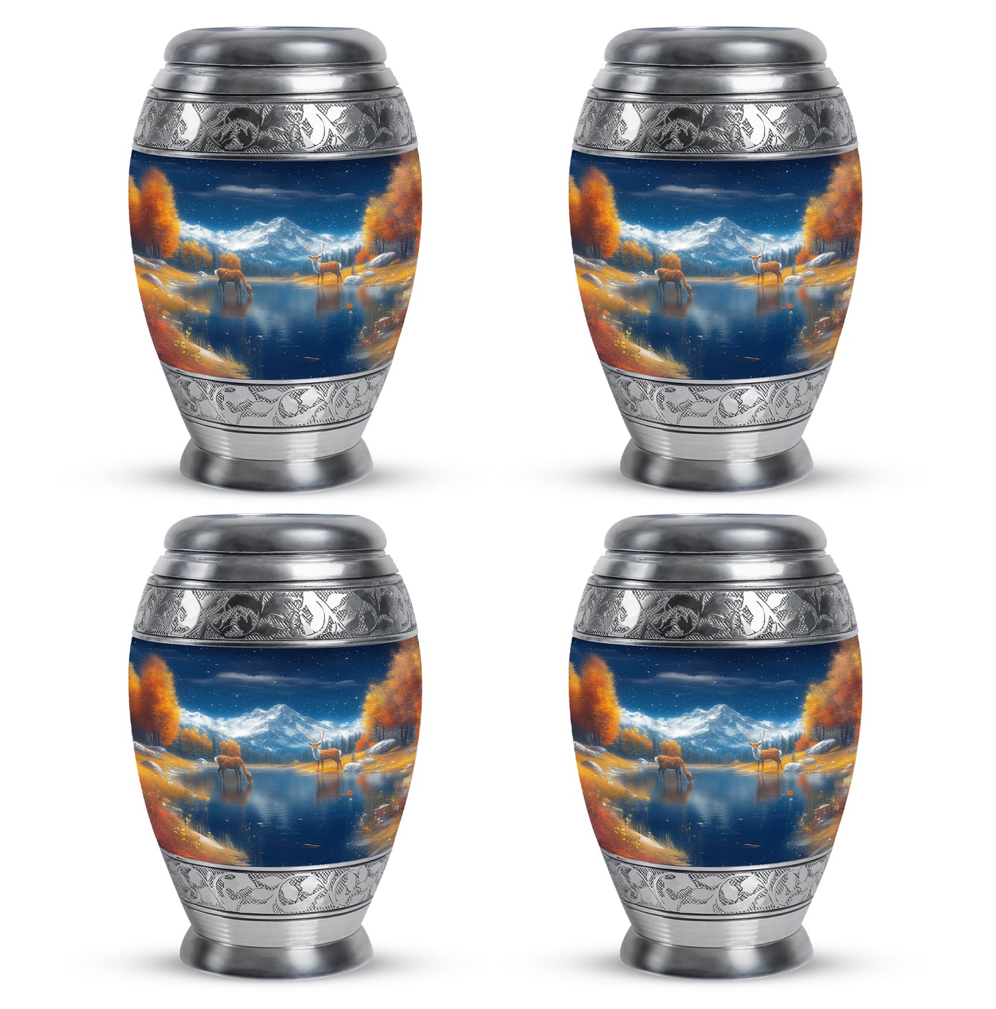 Twilight Blue Deer Cremation Urn urn with complimentary velvet bag - majestic deer pattern with filigree border - 10 inch aluminum urn for cremated remains