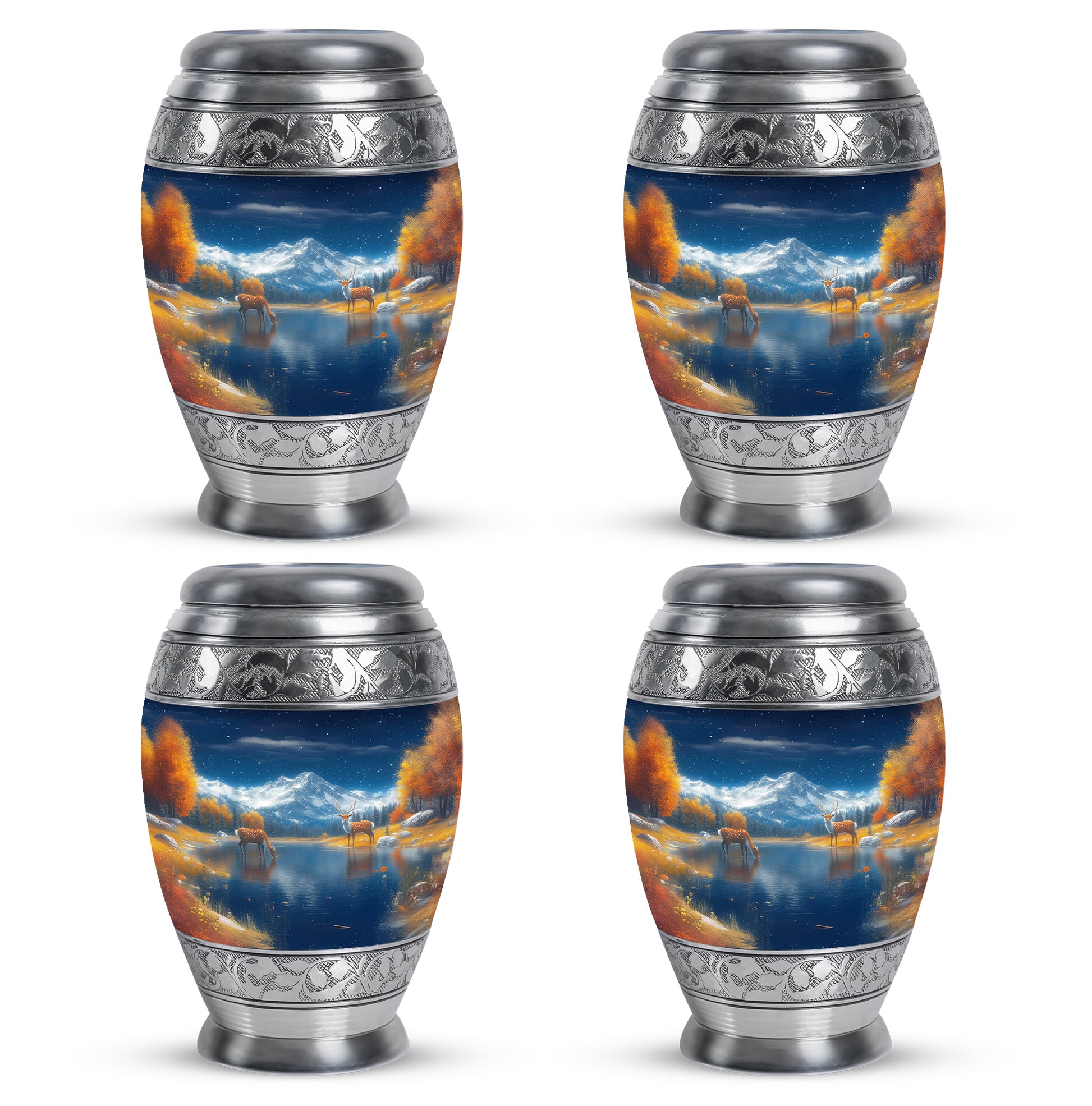 Twilight Blue Deer Cremation Urn urn with complimentary velvet bag - majestic deer pattern with filigree border - 10 inch aluminum urn for cremated remains