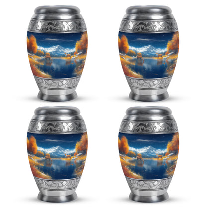 Twilight Blue Deer Cremation Urn urn with complimentary velvet bag - majestic deer pattern with filigree border - 10 inch aluminum urn for cremated remains