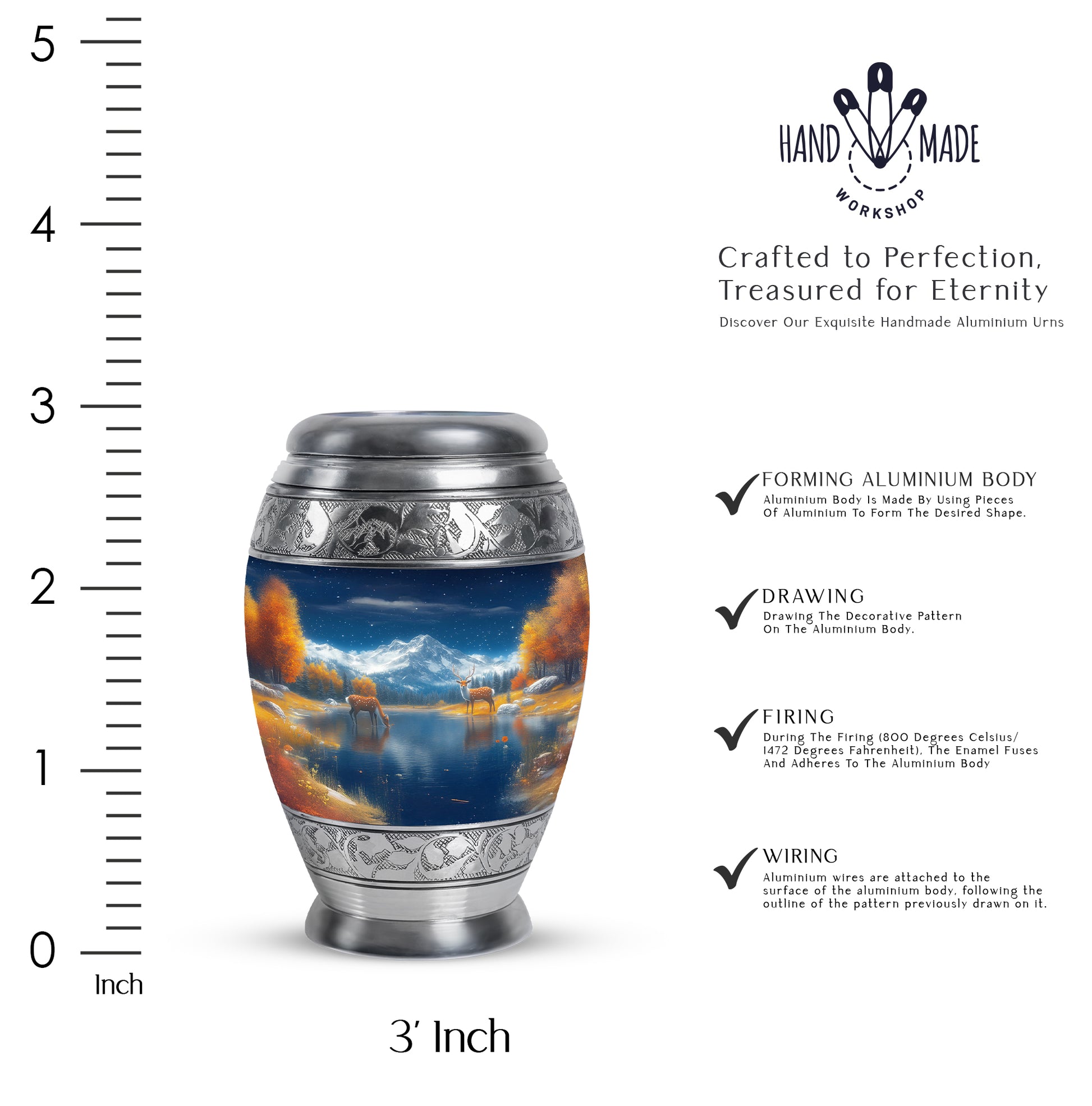 Cornflower Blue Deer Cremation Urn lifestyle display on memorial shelf - royal deer engraving with decorative scrollwork - mini keepsake memorial for portion of cremation ashes