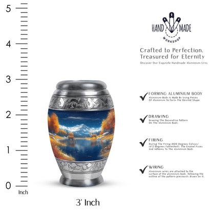 Cornflower Blue Deer Cremation Urn lifestyle display on memorial shelf - royal deer engraving with decorative scrollwork - mini keepsake memorial for portion of cremation ashes