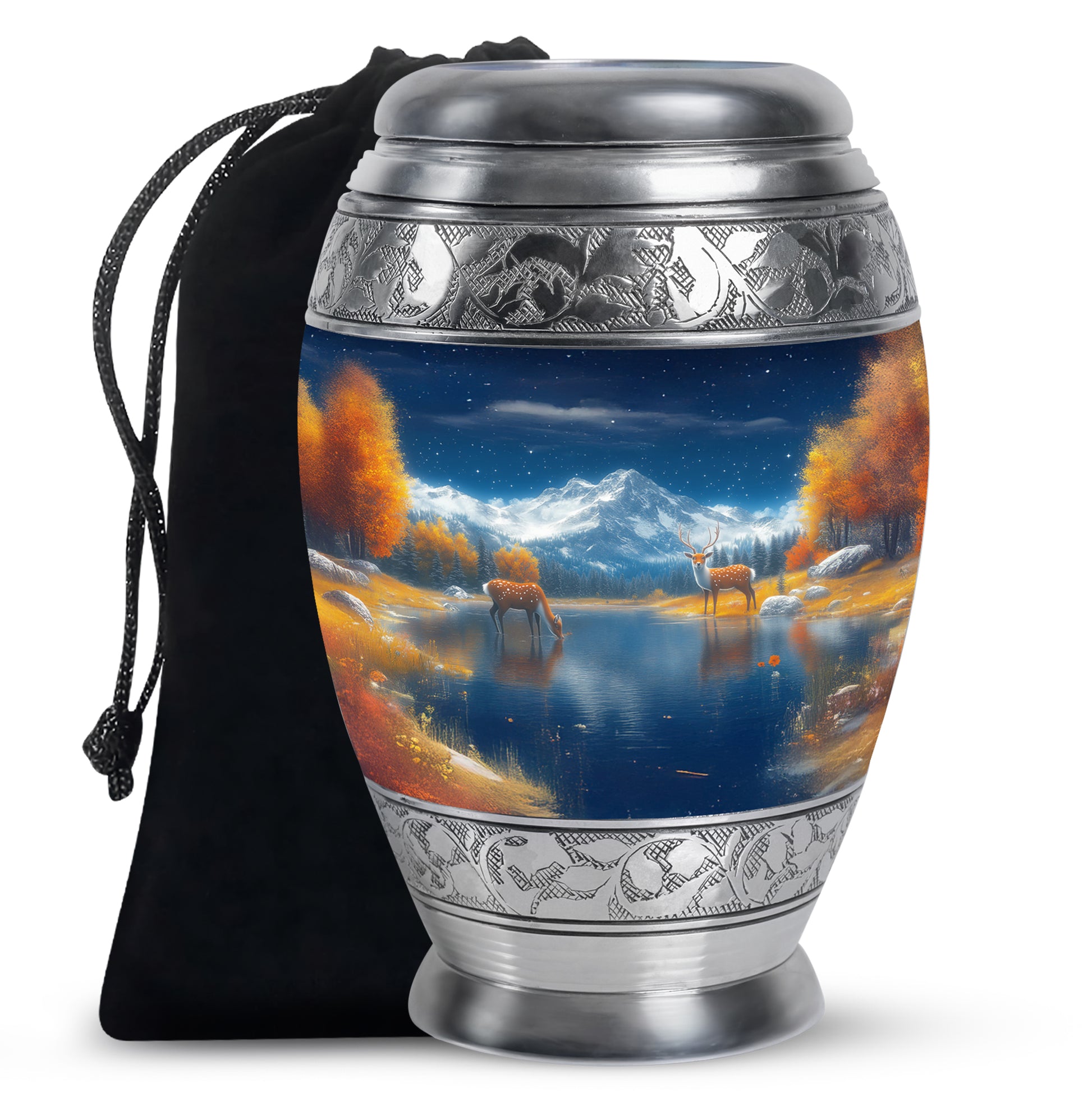 Slate Blue Deer Cremation Urn back view with polished surface - ornate monarch-style deer relief on brushed aluminum - full-size 10 inch 200 cubic inch adult cremation urn