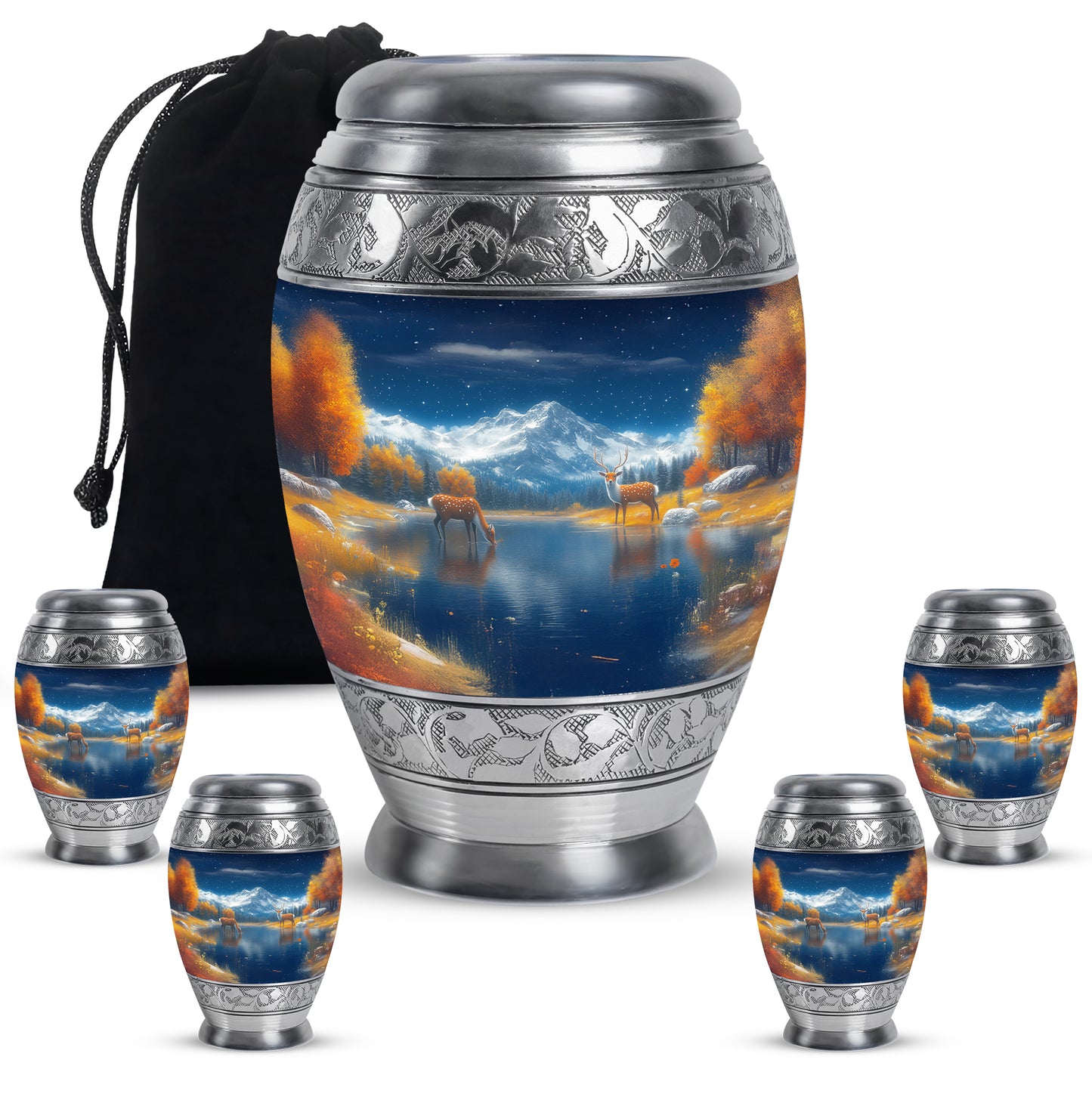 Azure Deer Cremation Urn detail view - regal deer design with crown-inspired accents - memorial set with one large and four small urns
