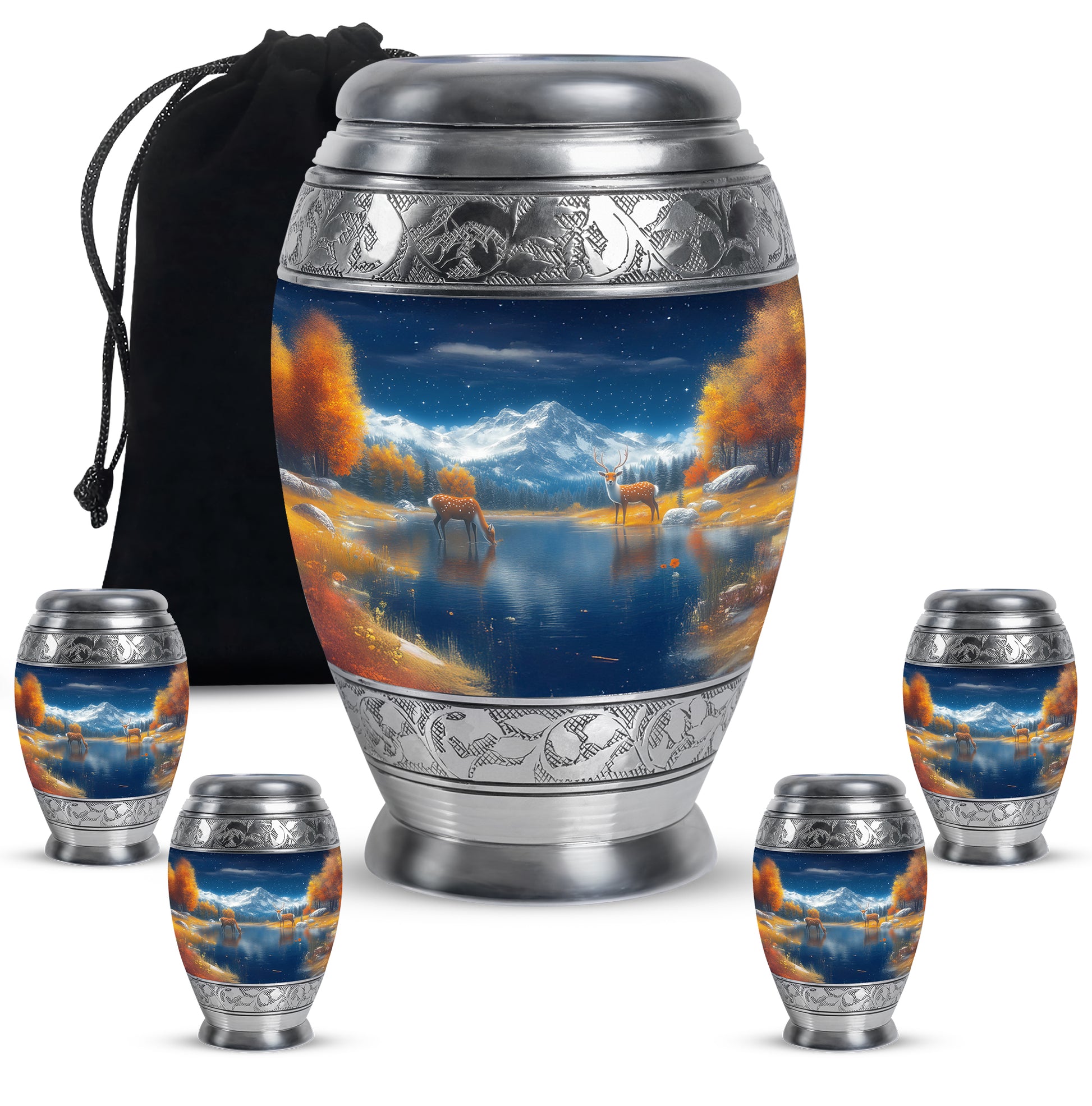Azure Deer Cremation Urn detail view - regal deer design with crown-inspired accents - memorial set with one large and four small urns