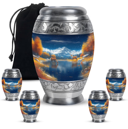Azure Deer Cremation Urn detail view - regal deer design with crown-inspired accents - memorial set with one large and four small urns