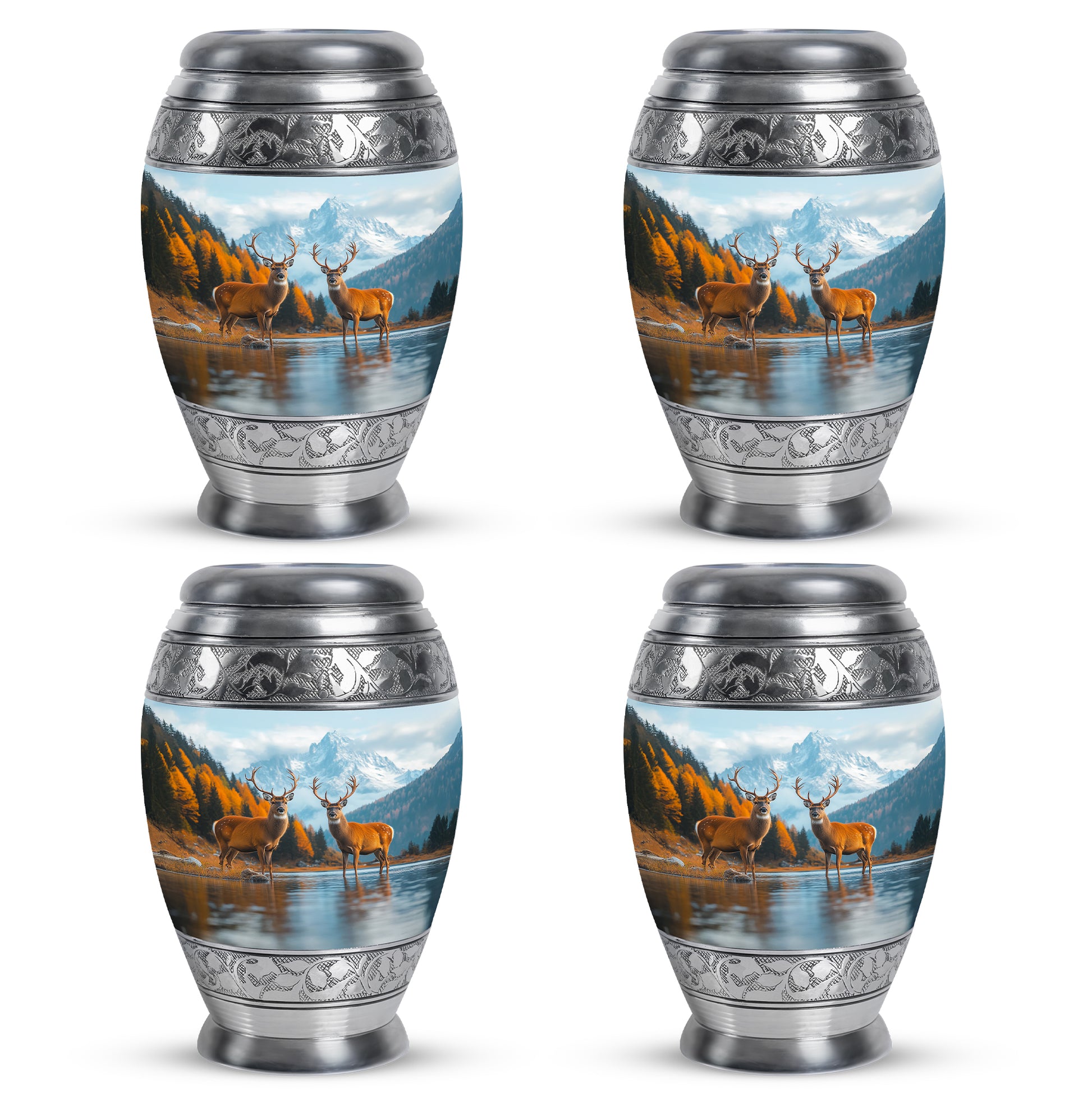 Icy Blue Deer Cremation Urn urn with complimentary velvet bag - regal deer design with crown-inspired accents - 10 inch aluminum urn for cremated remains